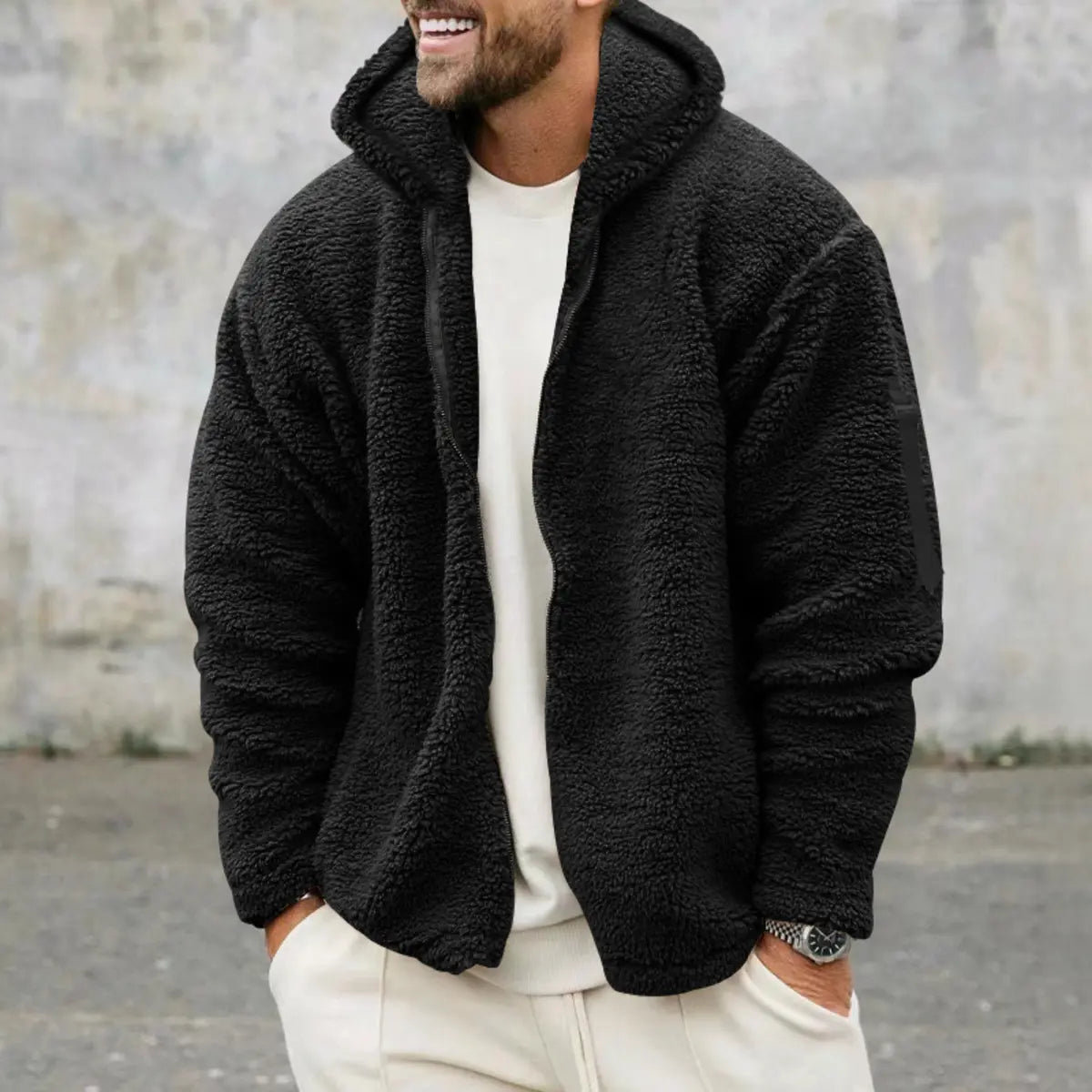 Solid Color Double-Faced Fleece Hooded Jacket