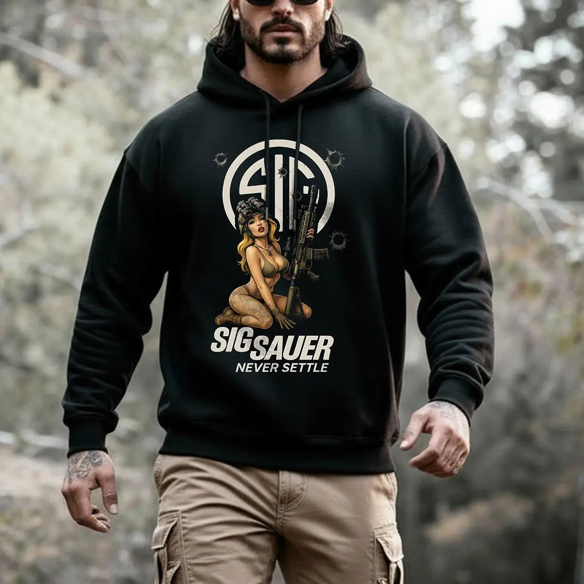 Sig Sauer Never Settle Printed Fleece-lined Unisex Pocketless Hoodie Image - 2