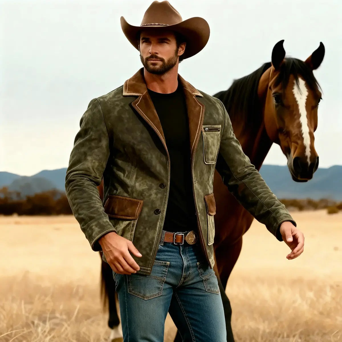 Suede Multi-Pocket Colorblock Collar Jacket