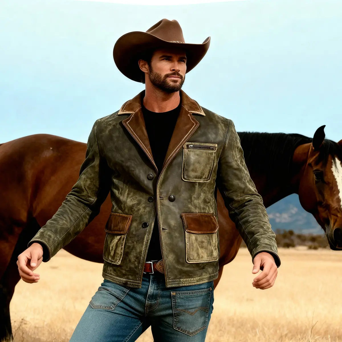 Suede Multi-Pocket Colorblock Collar Jacket