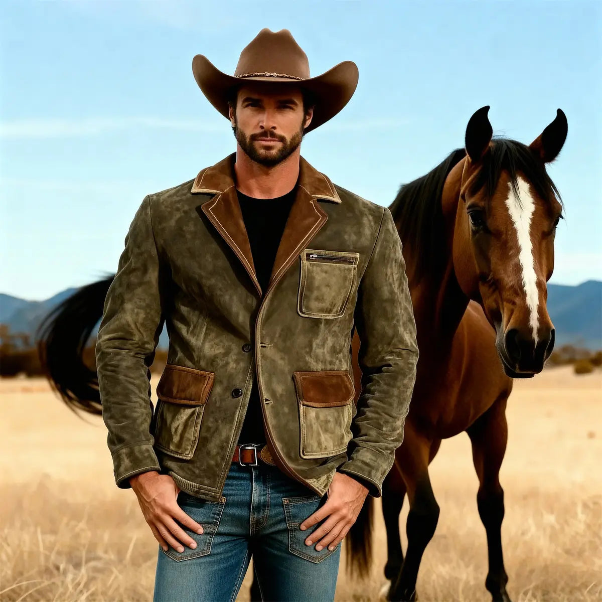 Suede Multi-Pocket Colorblock Collar Jacket