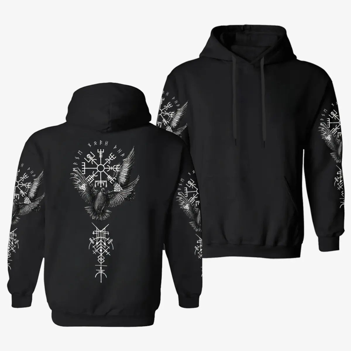Viking Raven And Rune Pattern Printed Fleece-lined Unisex Hoodie