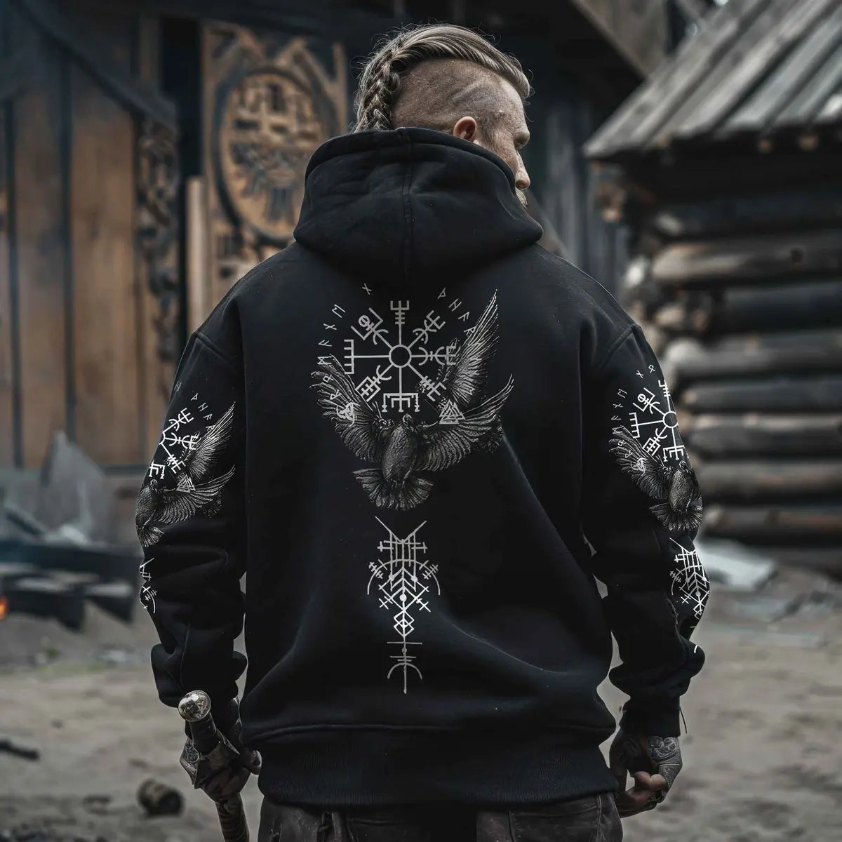 Viking Raven And Rune Pattern Printed Fleece-lined Unisex Hoodie