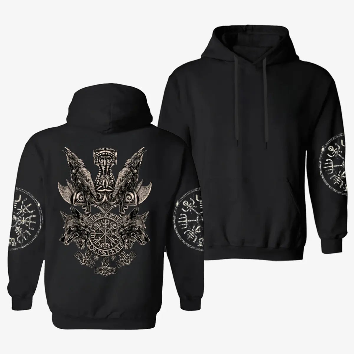 Viking Vintage Odin Wolf Printed Fleece-lined Unisex Hoodie