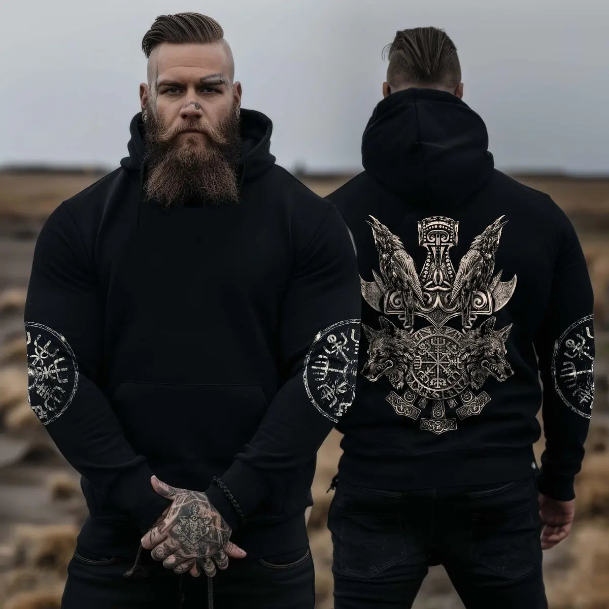 Viking Vintage Odin Wolf Printed Fleece-lined Unisex Hoodie