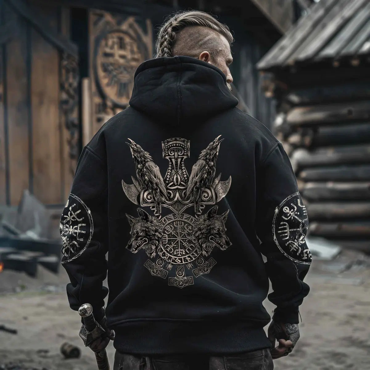 Viking Vintage Odin Wolf Printed Fleece-lined Unisex Hoodie