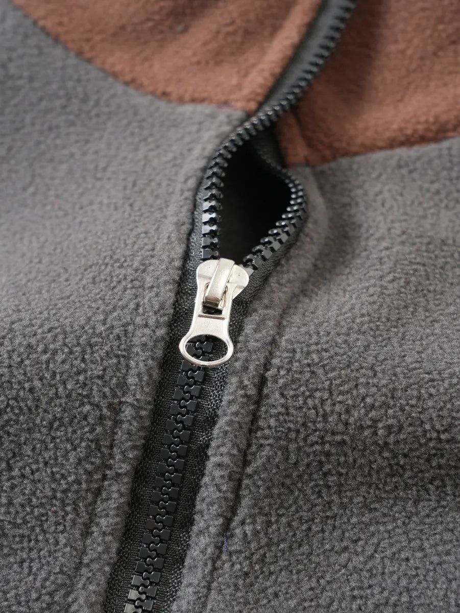 Warm Color-Block Stand Collar Pullover Fleece Zip-Up Sweatshirt