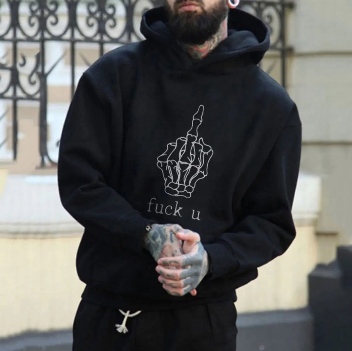 F U Funny Skeleton Bones Hands Embroidered Fleece-lined Unisex Hoodie