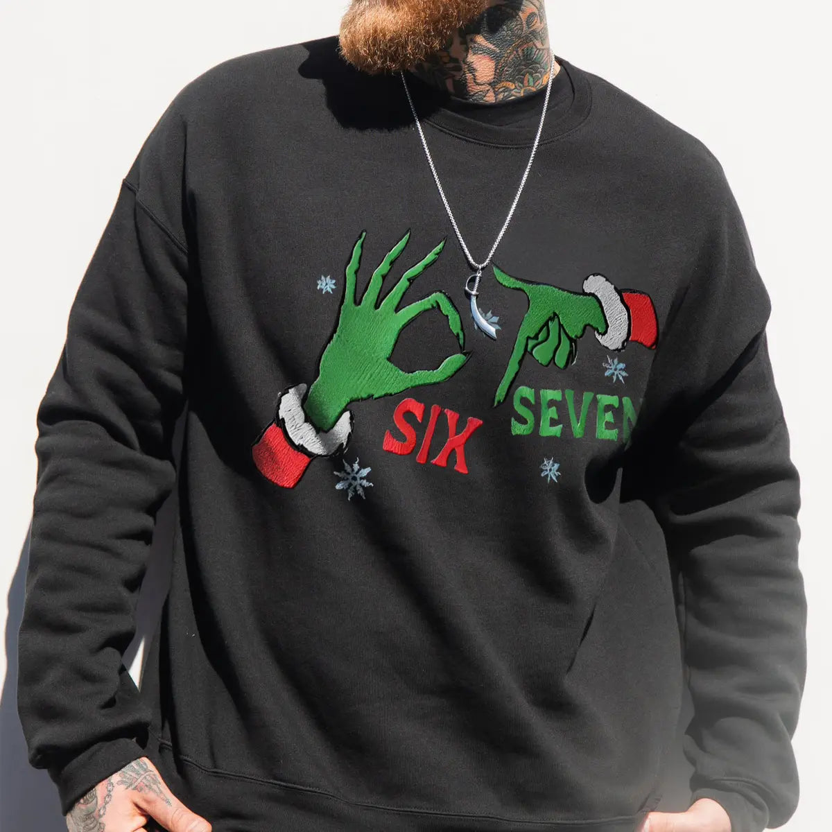 Funny Grinch And Santa Hands Six Seven Christmas Printed Fleece-lined Unisex Sweatshirt