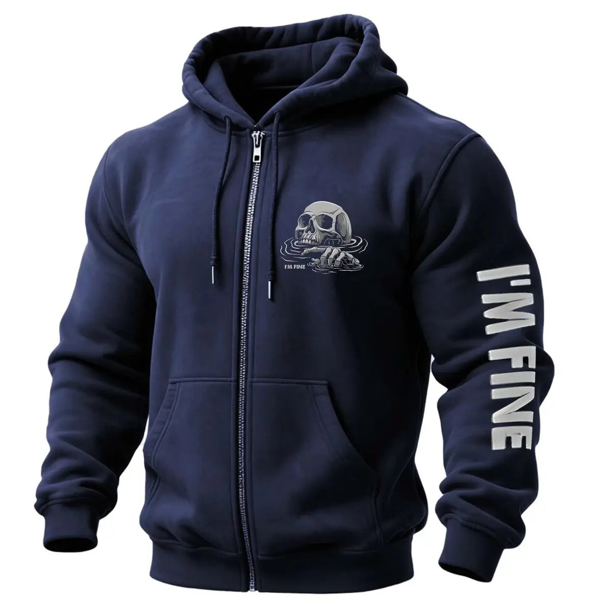 I'm Fine Skull Printed Zippered Hooded Fleece Cardigan