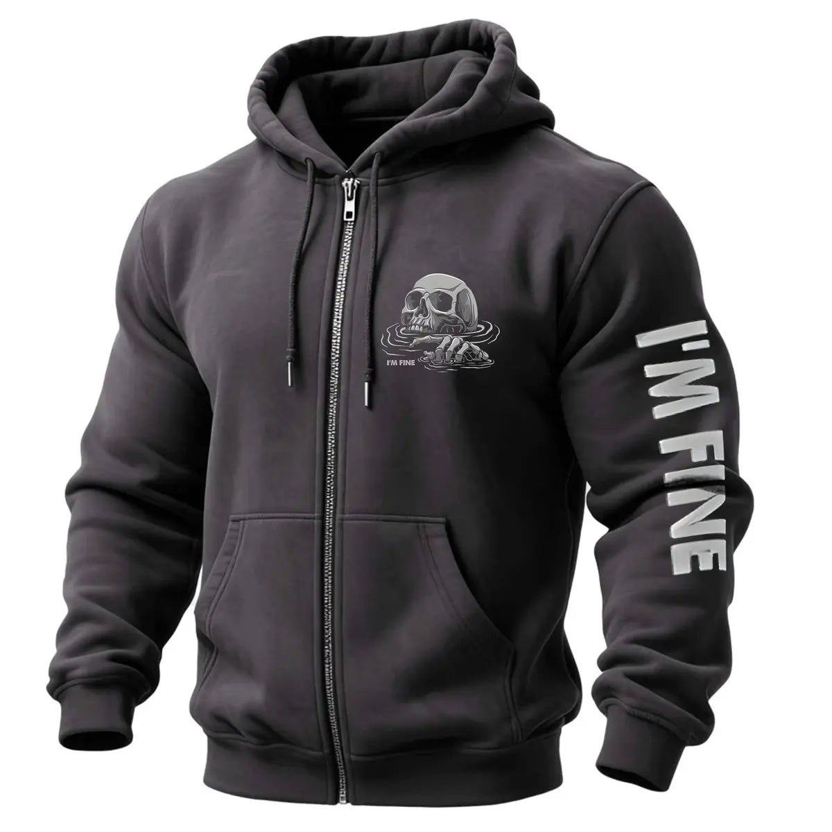 I'm Fine Skull Printed Zippered Hooded Fleece Cardigan
