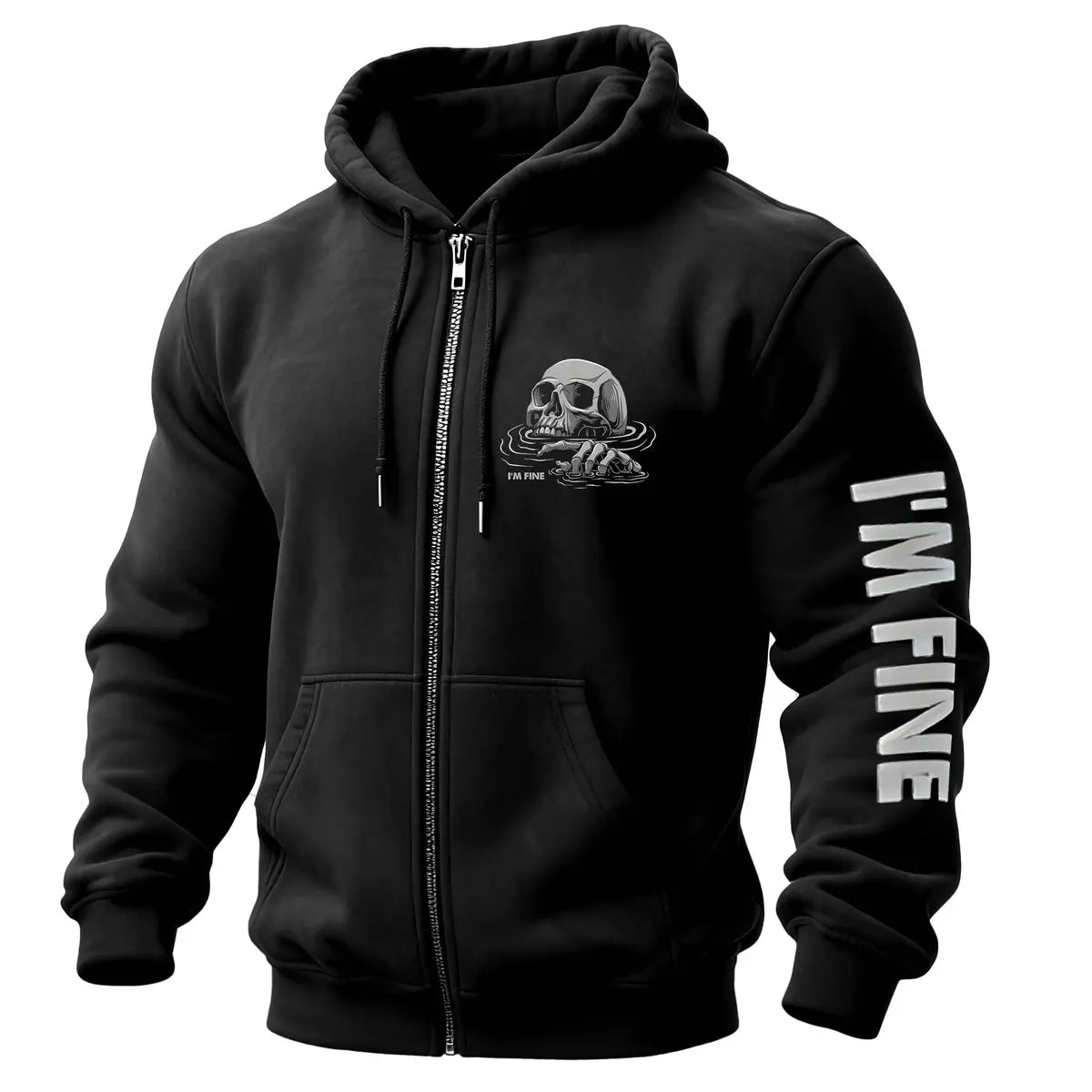 I'm Fine Skull Printed Zippered Hooded Fleece Cardigan