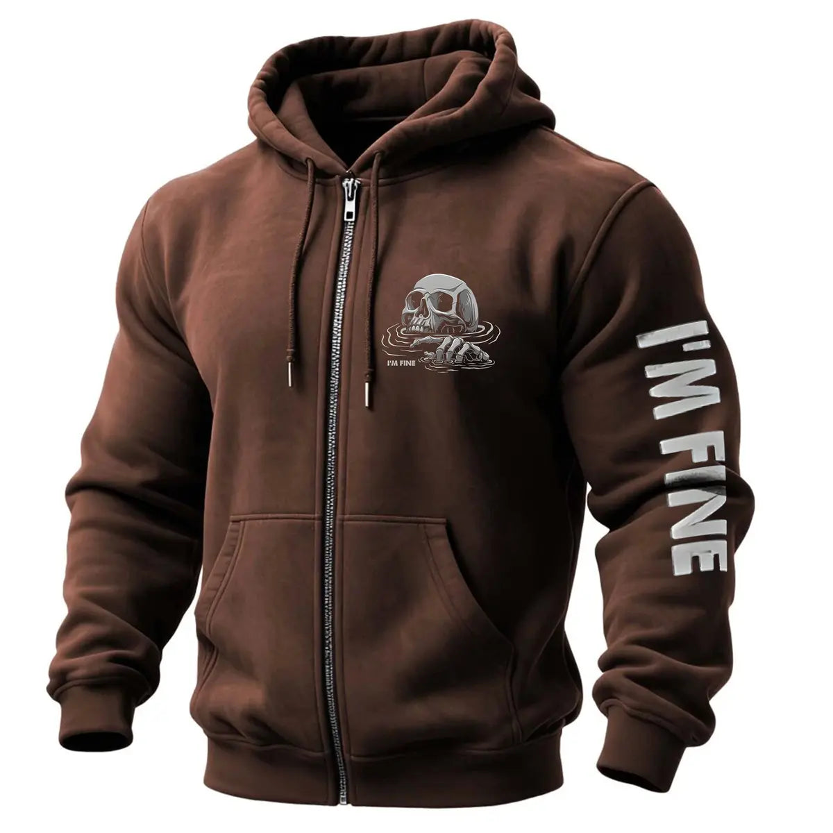 I'm Fine Skull Printed Zippered Hooded Fleece Cardigan