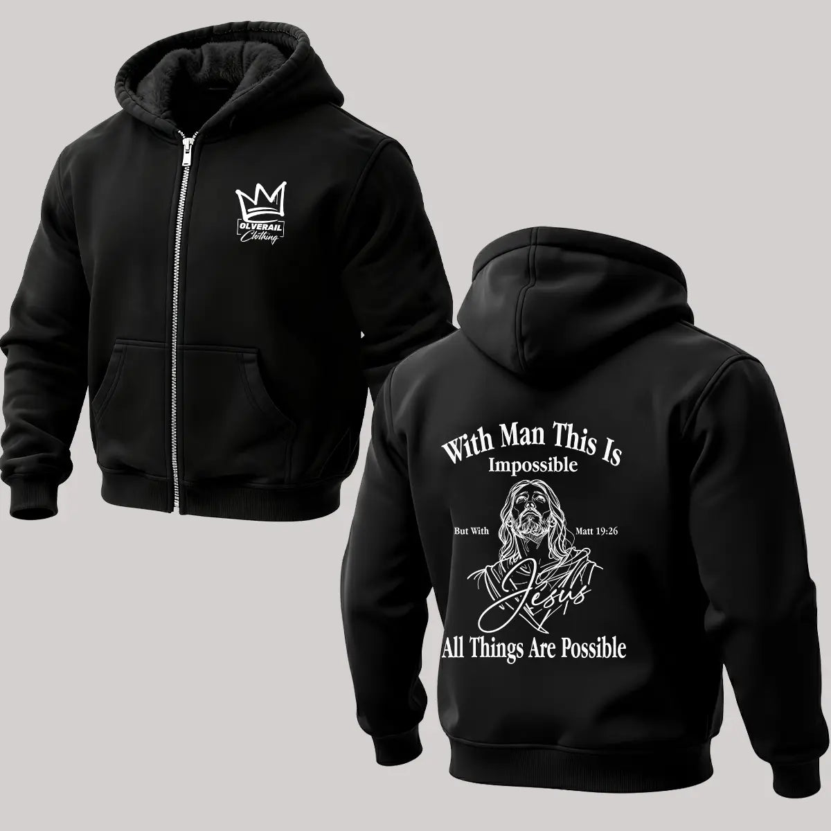 Jesus All Things Are Possible Printed Zippered Hooded Fleece Cardigan