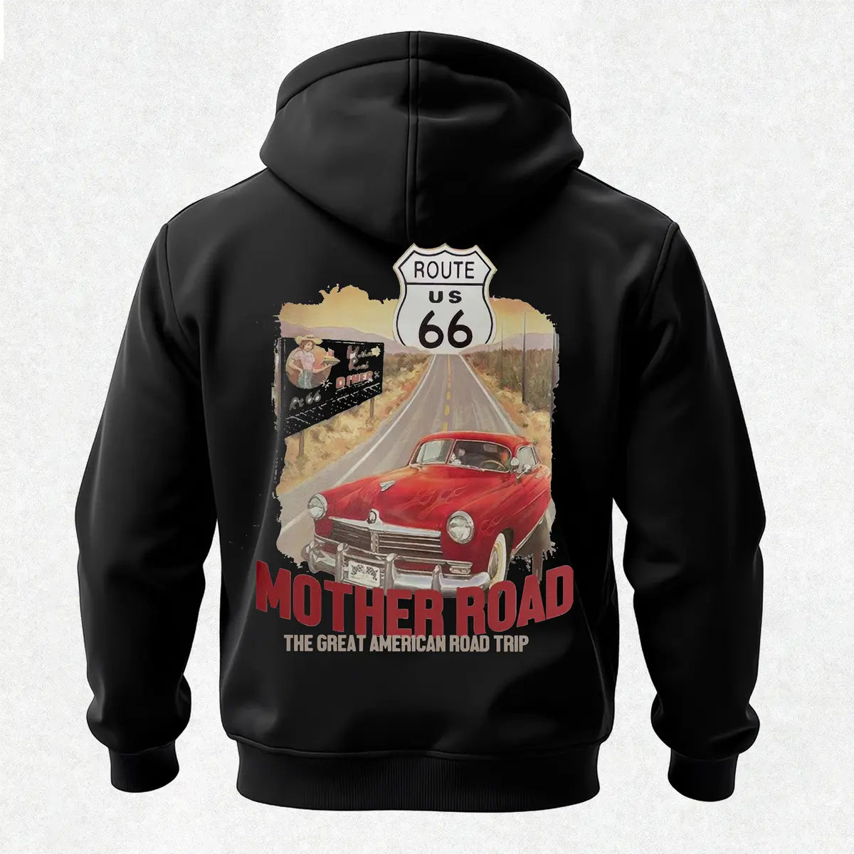 Route 66 Mother Road The Great American Road Trip Printed Fleece-lined Unisex Pocketless Hoodie