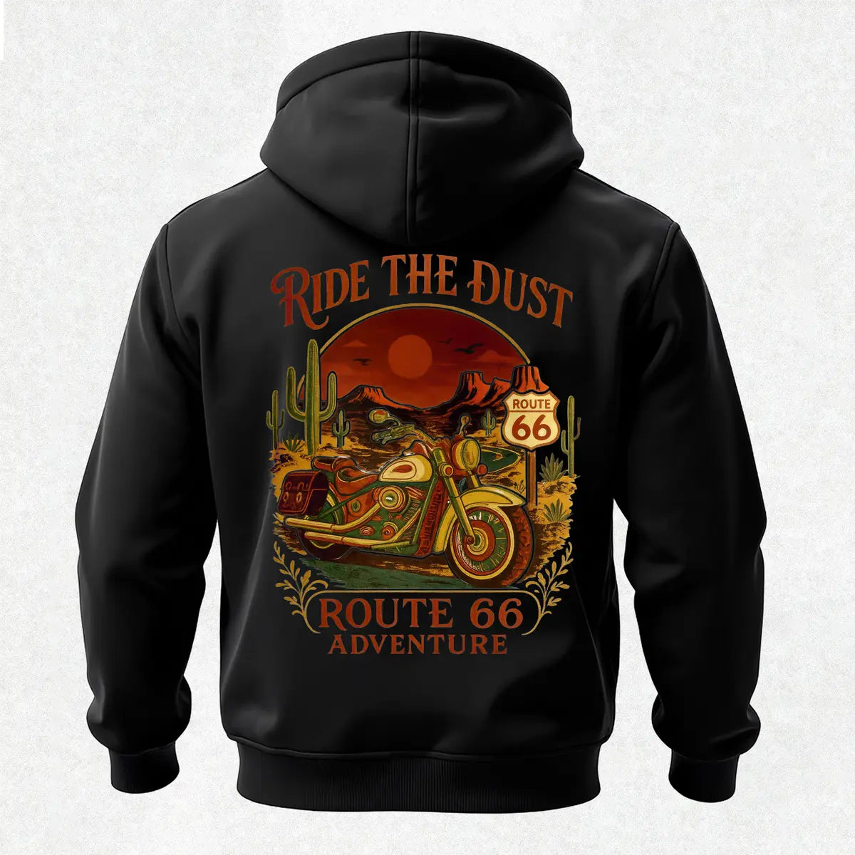 Ride The Dust Route 66 Adventure Printed Fleece-lined Unisex Pocketless Hoodie