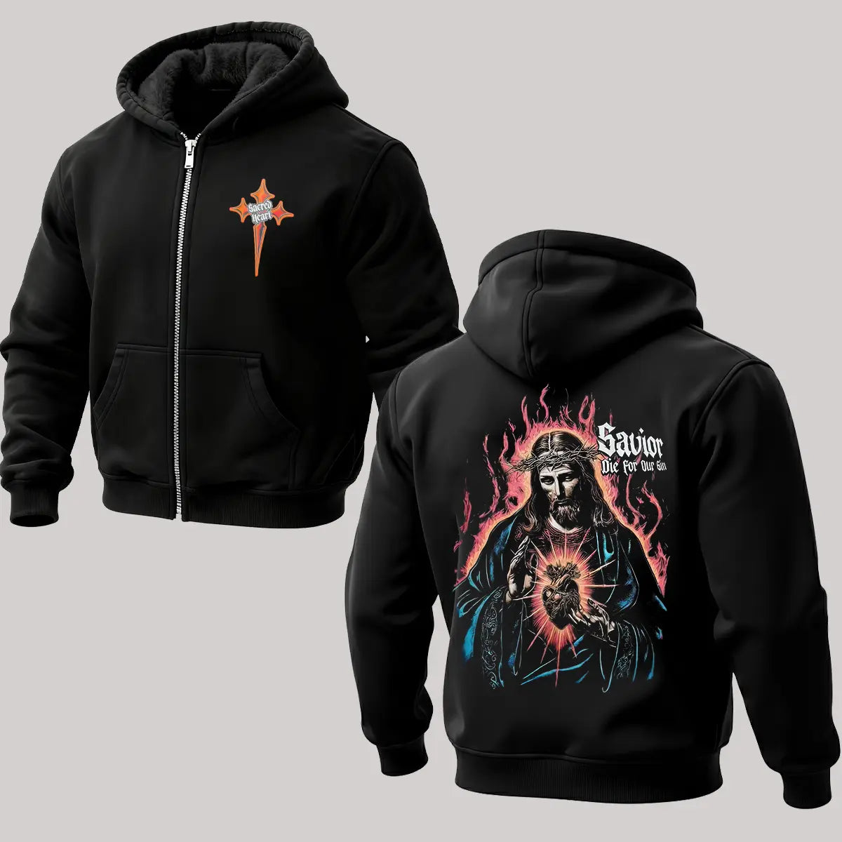 Sacred Heart of Jesus Printed Zippered Hooded Fleece Cardigan