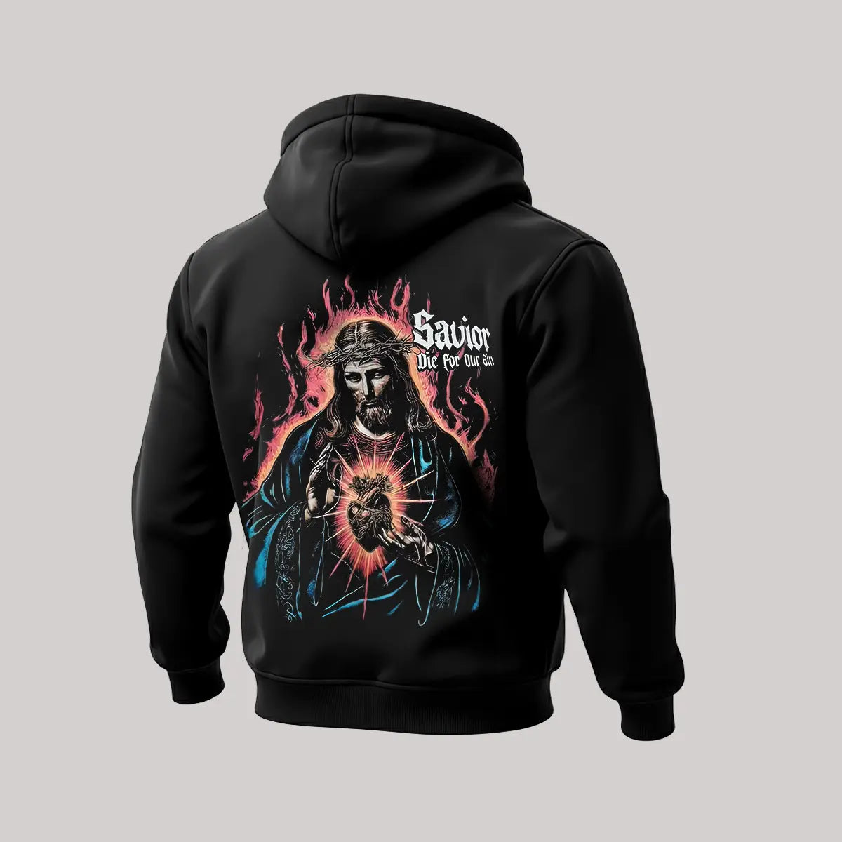 Sacred Heart of Jesus Printed Zippered Hooded Fleece Cardigan