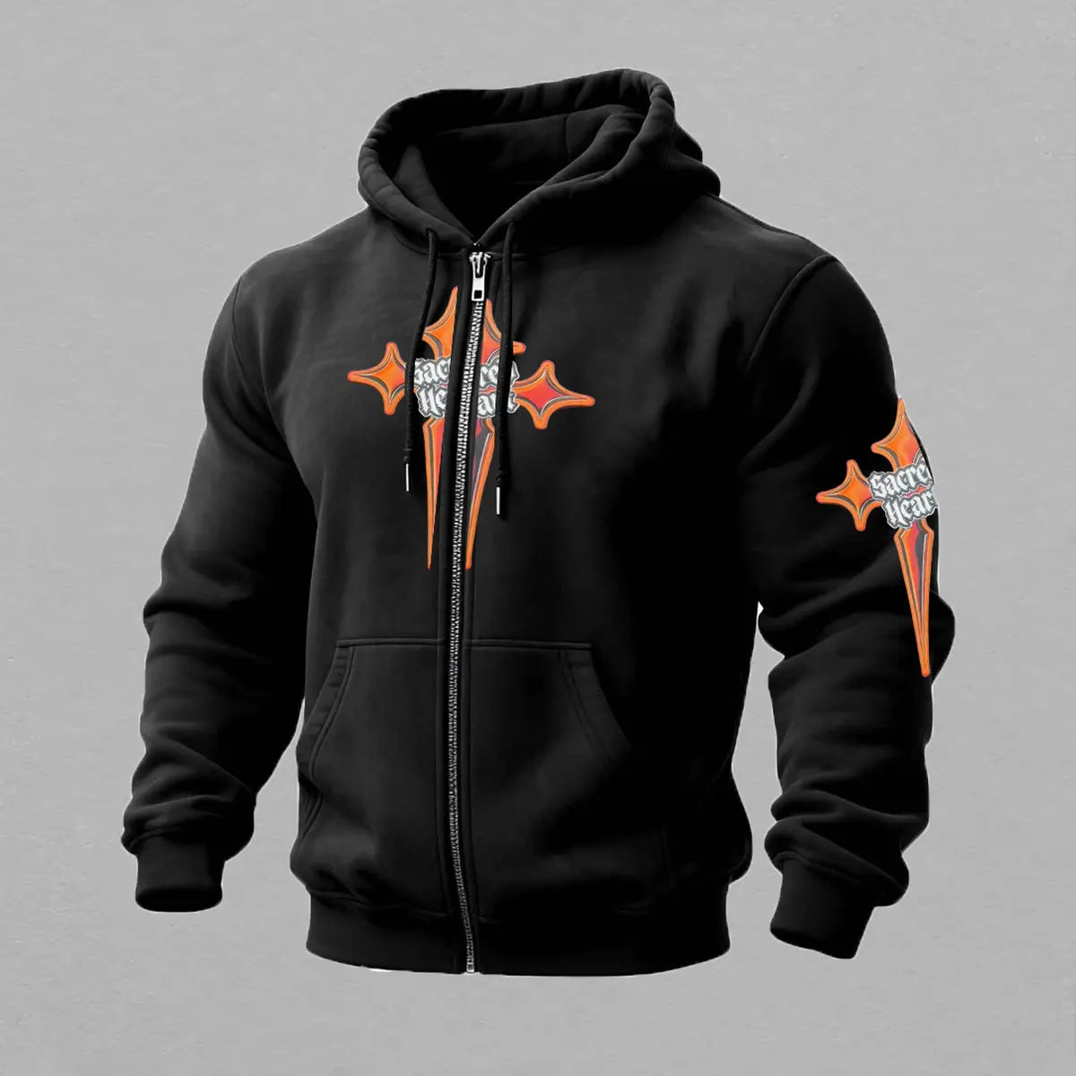 Sacred Heart of Jesus Printed Zippered Hooded Fleece Cardigan