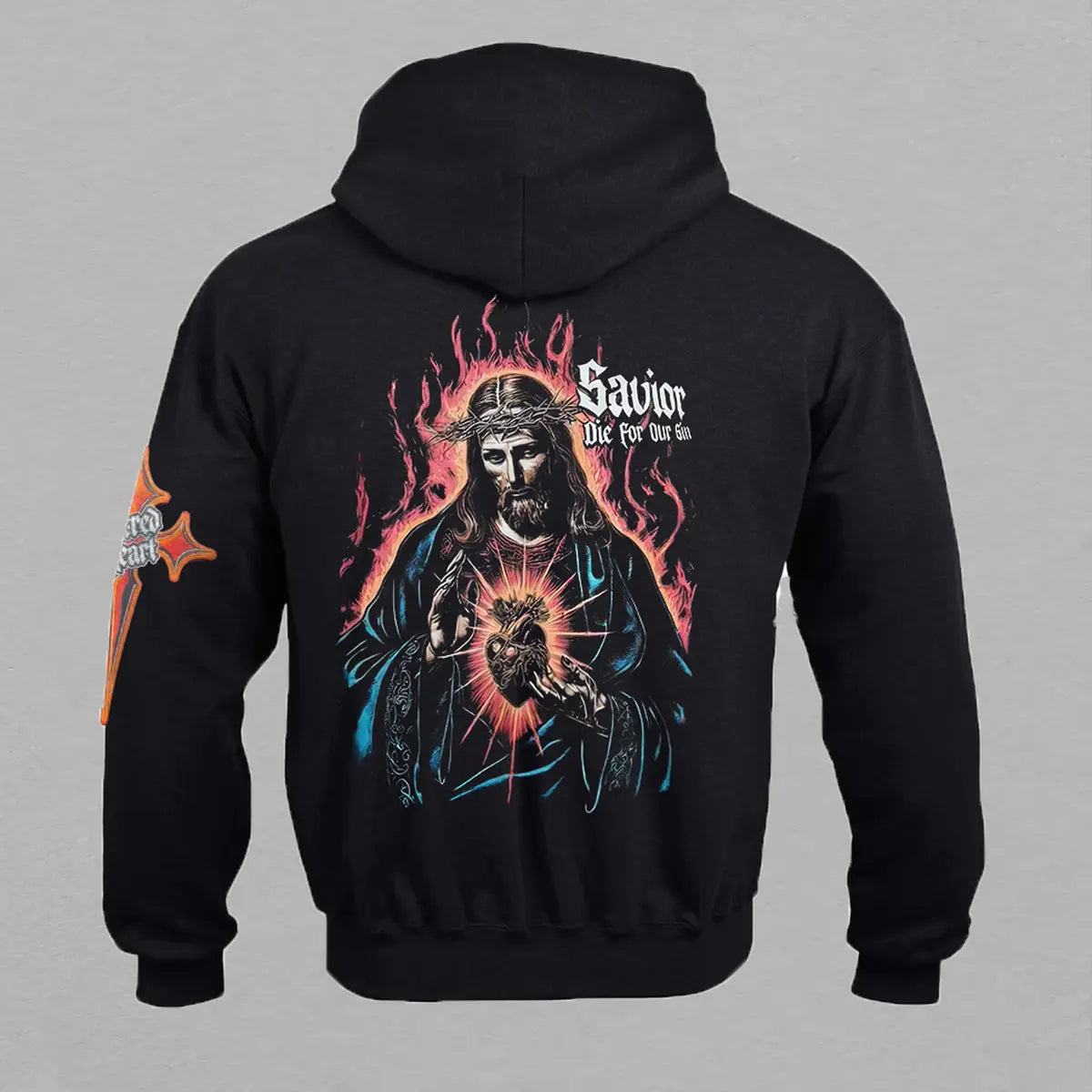 Sacred Heart of Jesus Printed Zippered Hooded Fleece Cardigan