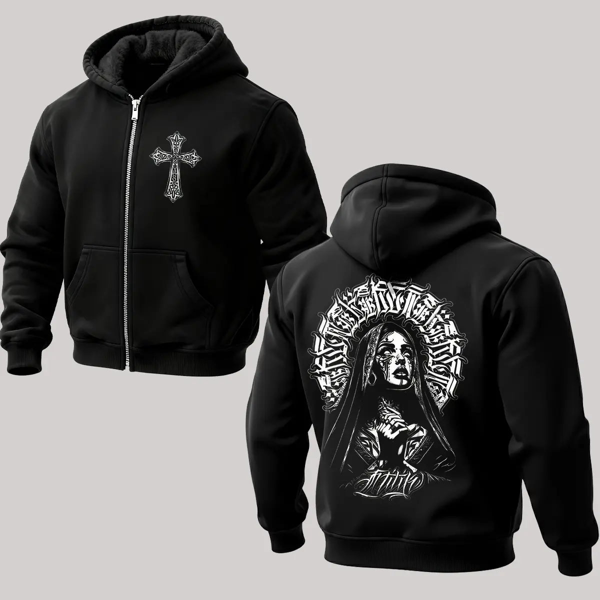 Pray For The Rave Printed Zippered Hooded Fleece Cardigan