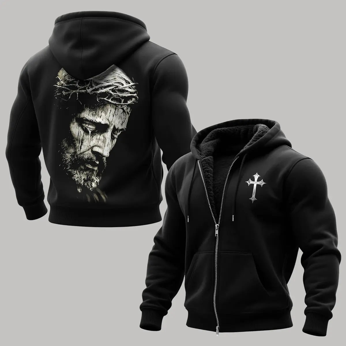 Christian Jesus Printed Zippered Hooded Fleece Cardigan