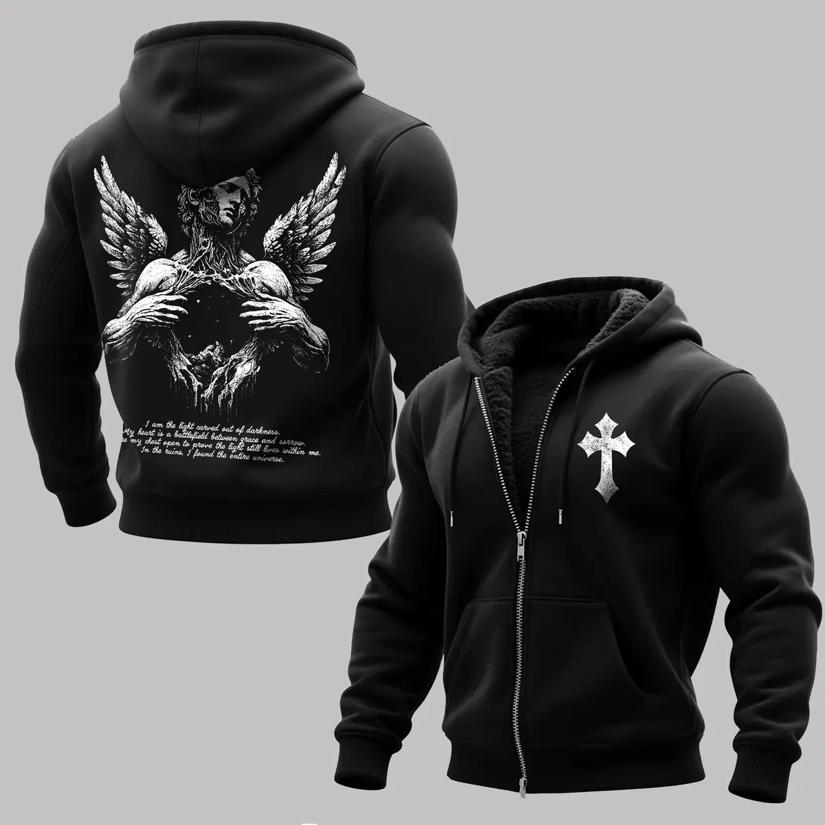 Broken Wings Printed Zippered Hooded Fleece Cardigan