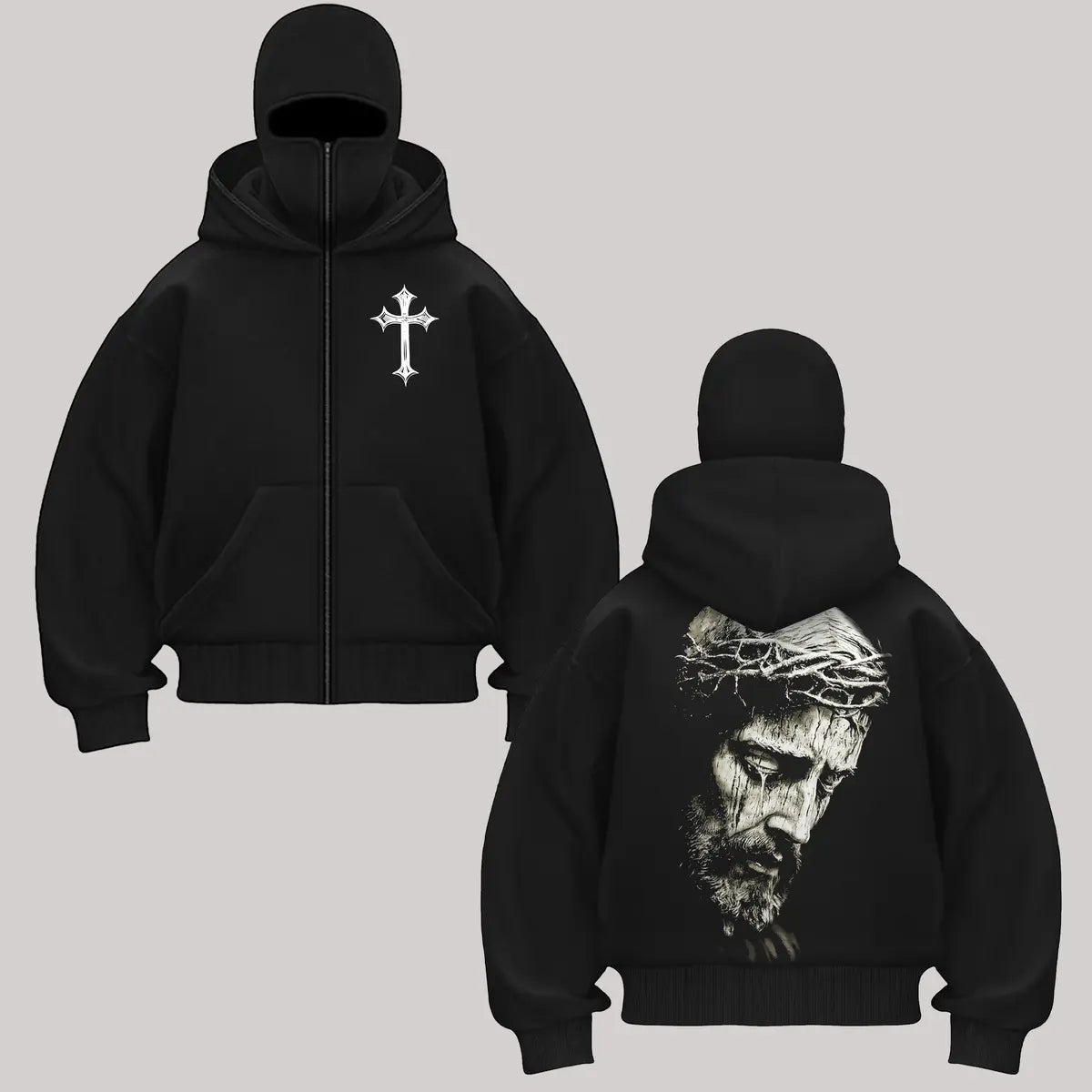 Jesus Crown of Thorns Printed Zippered Double Hooded Unisex Sports Cardigan
