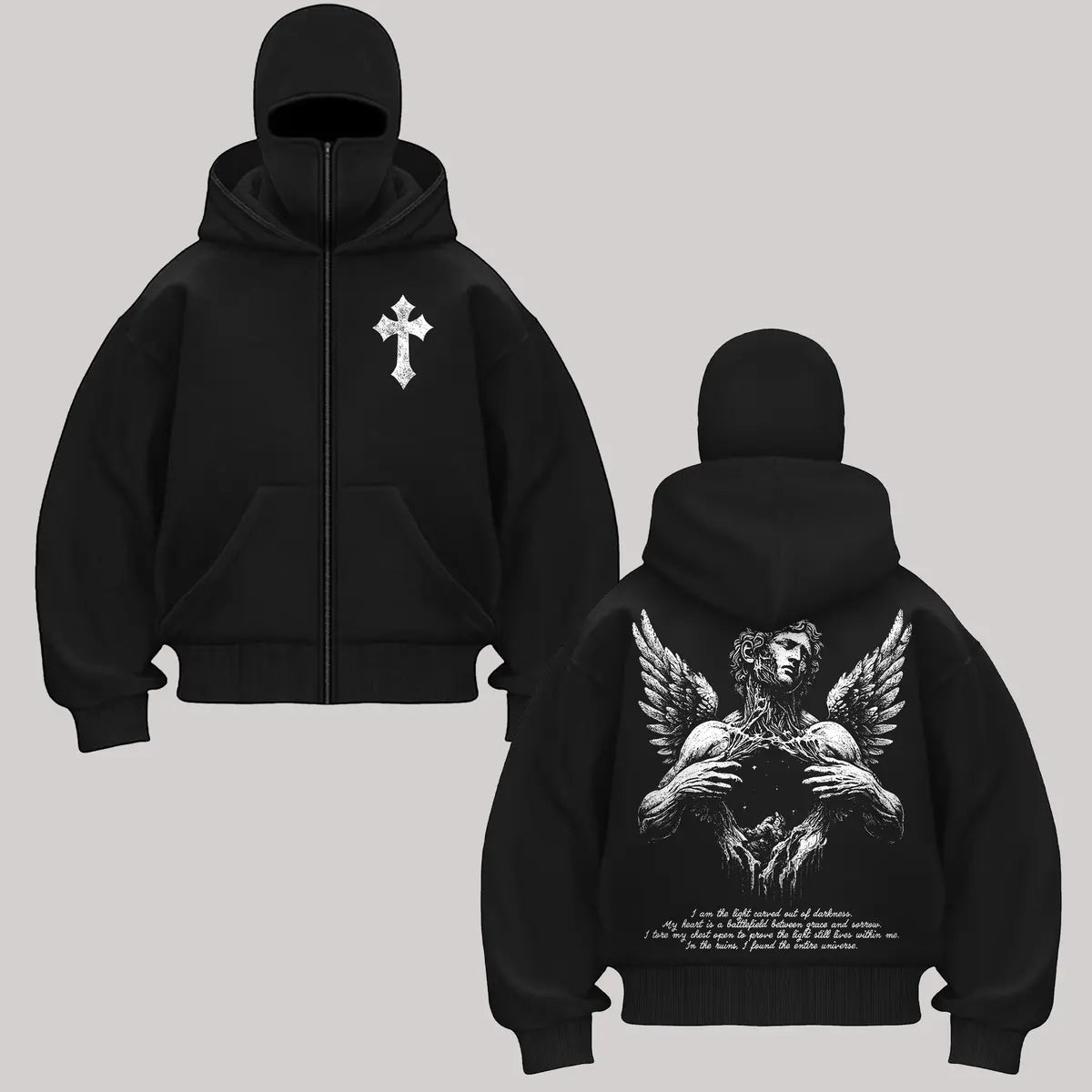 The Fallen Angel Printed Zippered Double Hooded Unisex Sports Cardigan