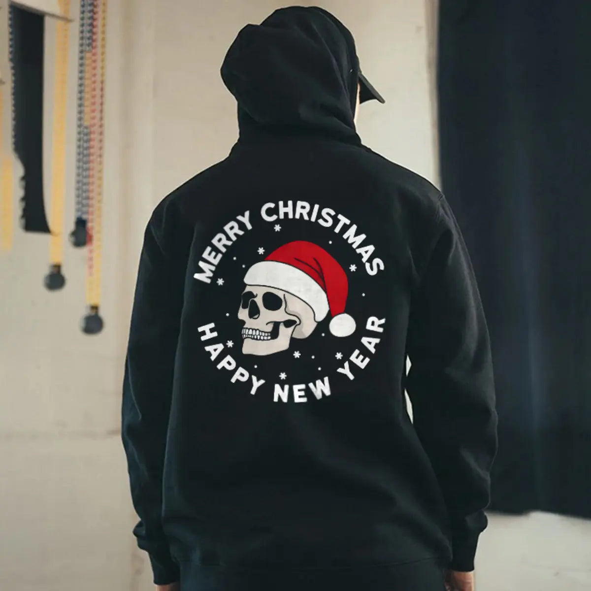 Merry Christmas Happy New Year Skull Printed Fleece-lined Unisex Hoodie