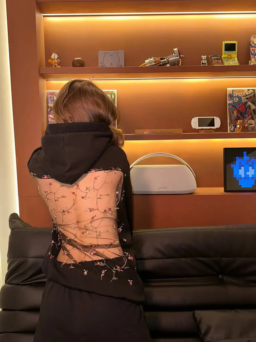 Solid Color Backless Openwork Mesh Women's Hoodie