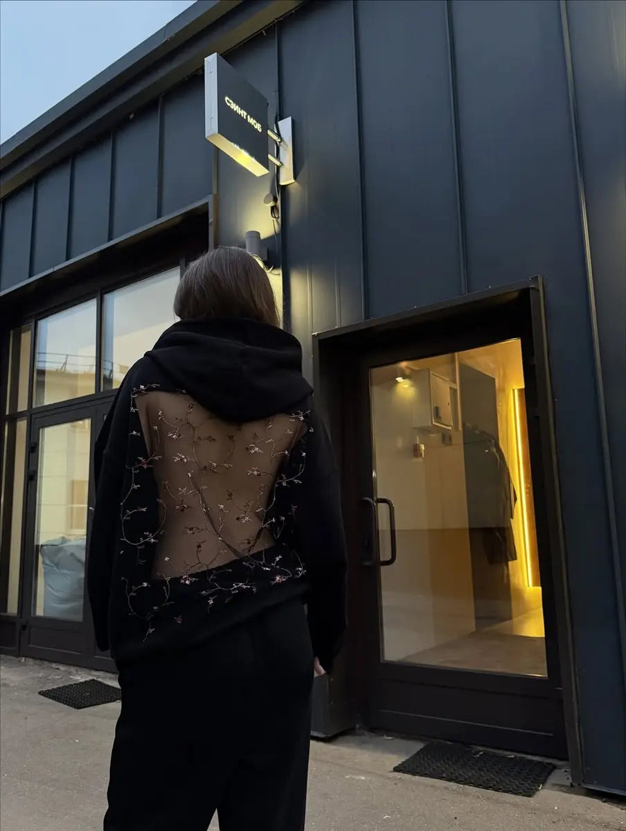 Solid Color Backless Openwork Mesh Women's Hoodie