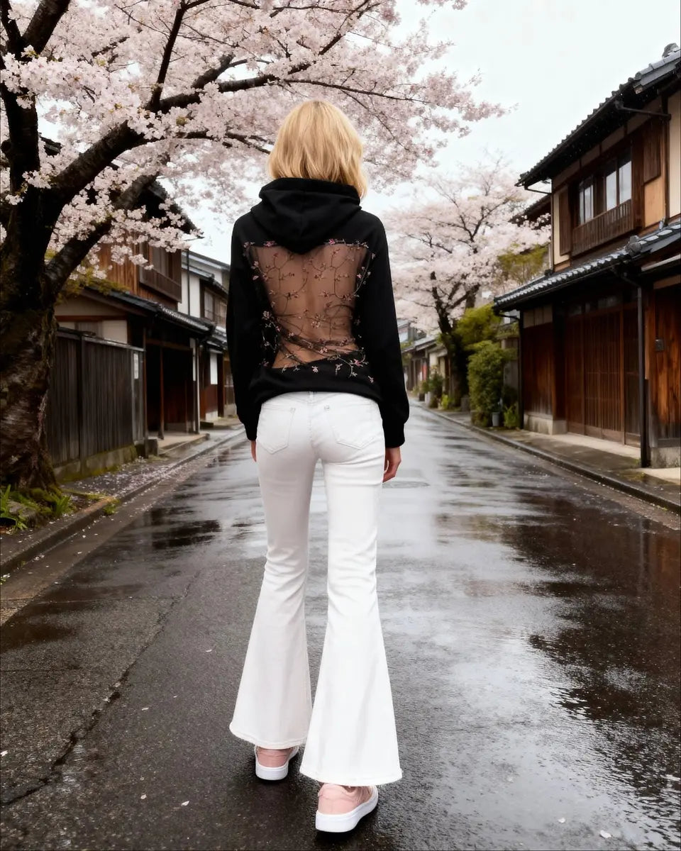 Solid Color Backless Openwork Mesh Women's Hoodie