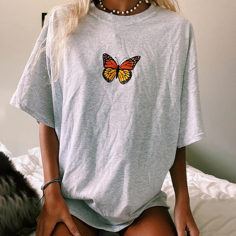Neojana Design Grey Butterfly Print T-Shirt - chicyea