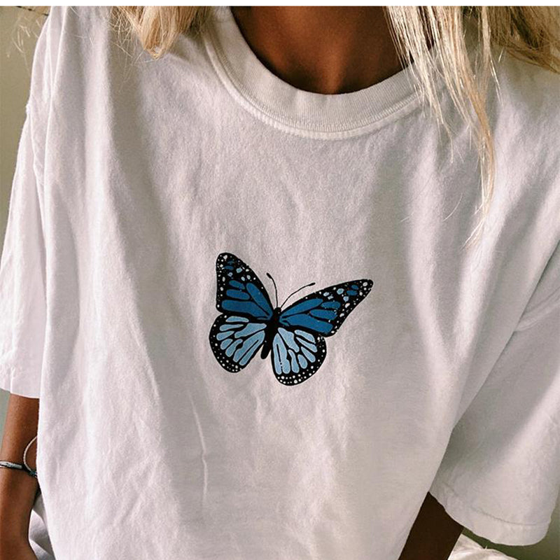 Neojana Blue Butterfly White Design T Shirt - chicyea