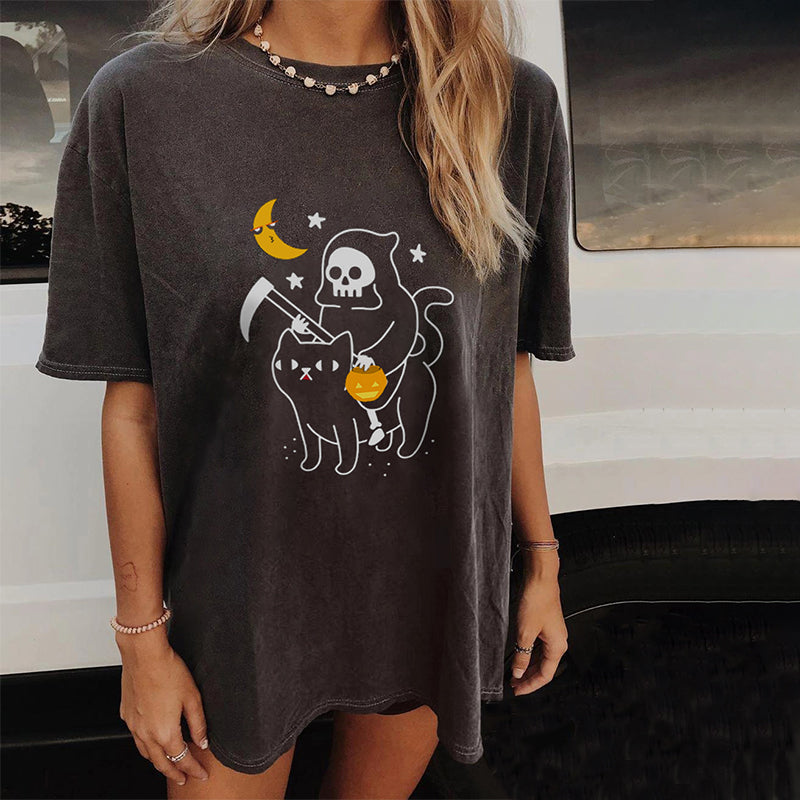 Neojana Halloween Skull Cat Print T-Shirt - chicyea