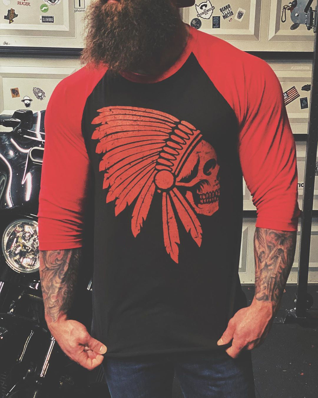 Livereid Black Red Raglan Sleeve Skull Print T-Shirt - chicyea