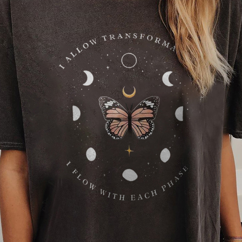 Neojana Retro Butterfly Moon Print T-Shirt - chicyea