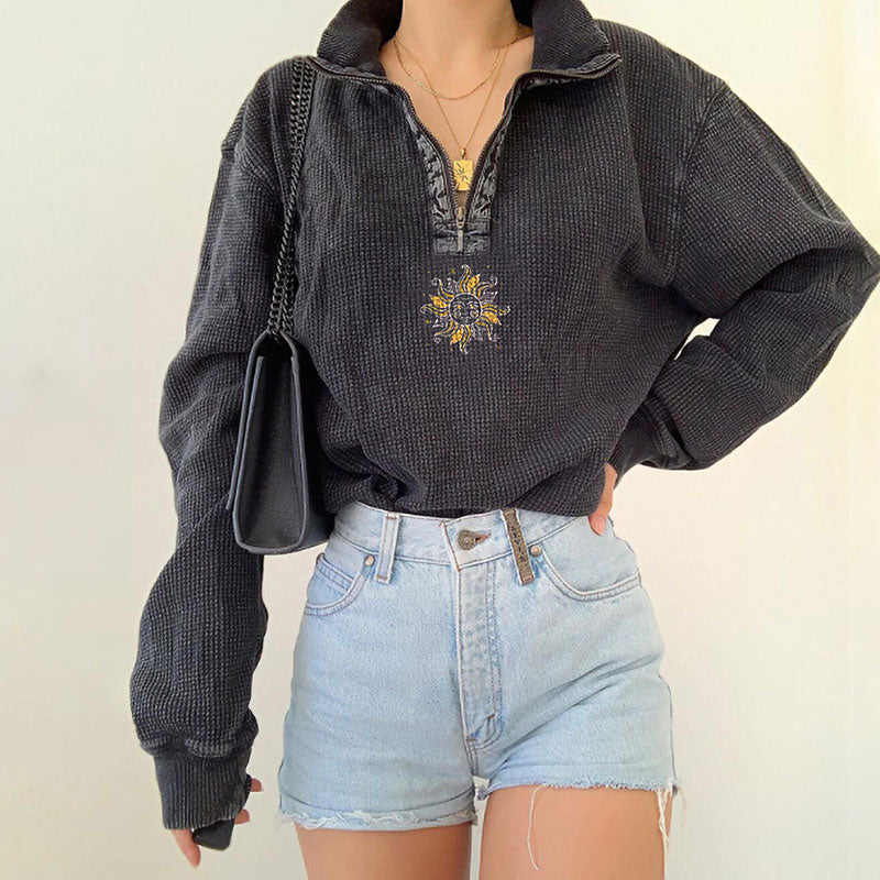 Neojana Retro Sun Print Half Zip Sweatshirt - chicyea
