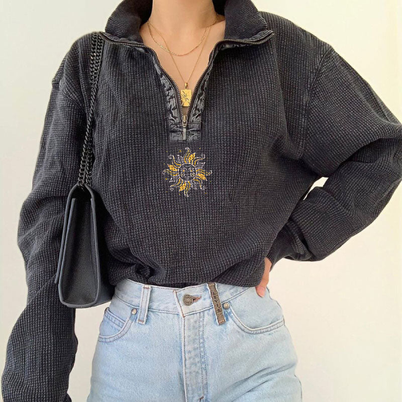Neojana Retro Sun Print Half Zip Sweatshirt - chicyea