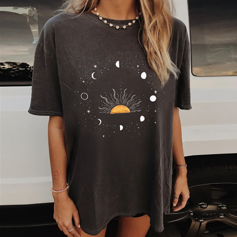 Neojana Fashion Sun Moon Phases Print T-Shirt - chicyea