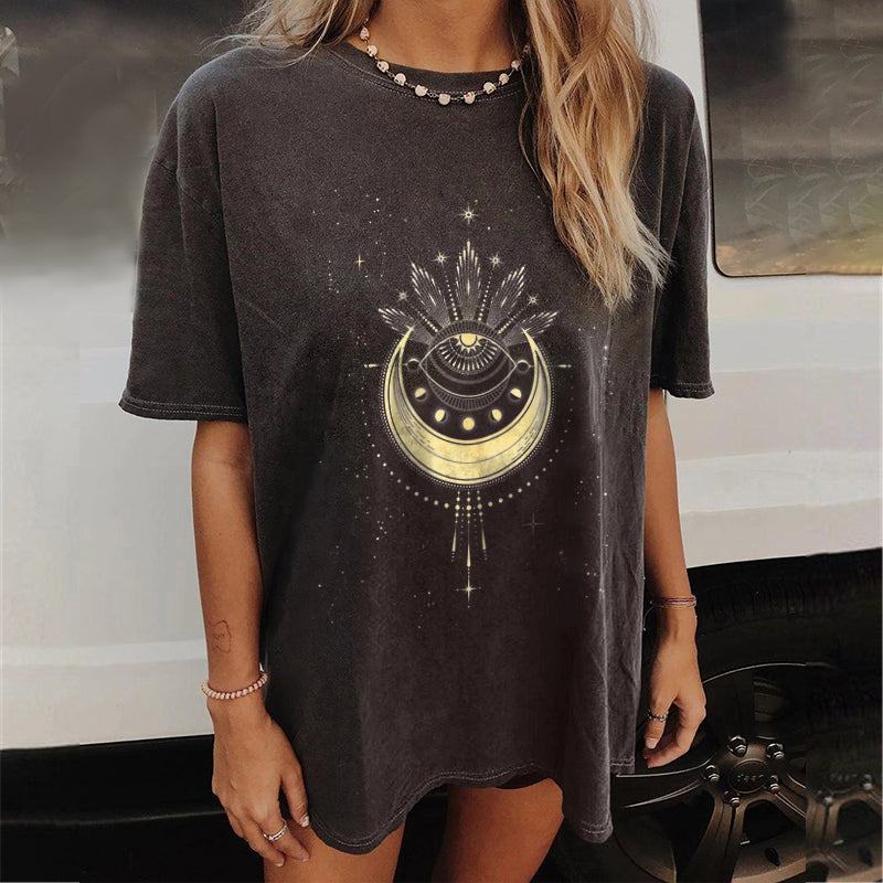 Neojana Vintage Moon Print Designer T-Shirt - chicyea
