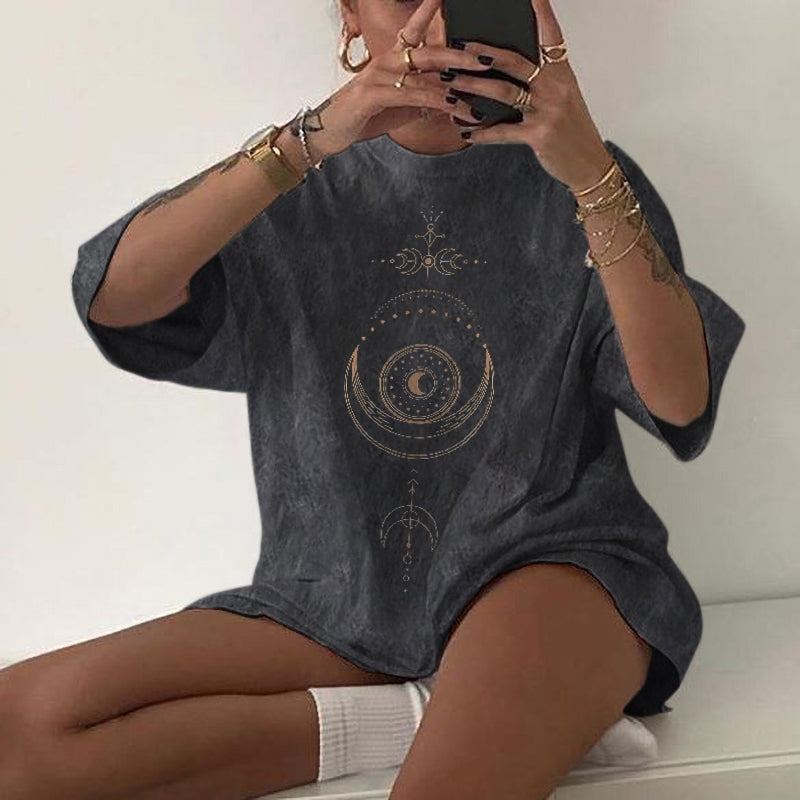 Neojana Women Retro Moon Print Casual T-Shirt - chicyea