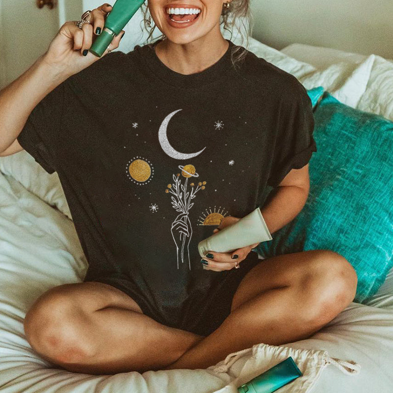 Neojana Planet Floral Moon Printed Oversize T-Shirt - chicyea