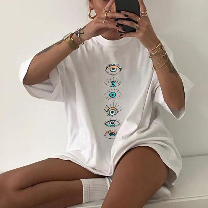 Neojana Personality Evil Eyes Print Designer Oversized T-Shirt - chicyea
