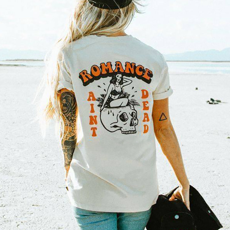 Minnieskull Cool Romance Skull Print Women T-Shirt - chicyea