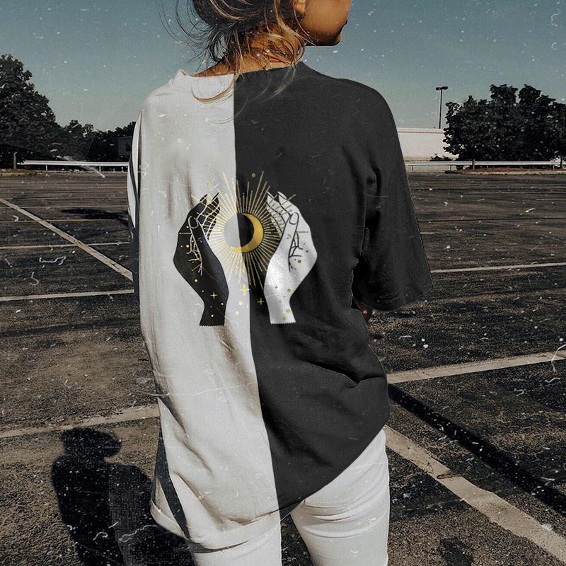Neojana Sun Moon Print Color Block T-Shirt - chicyea