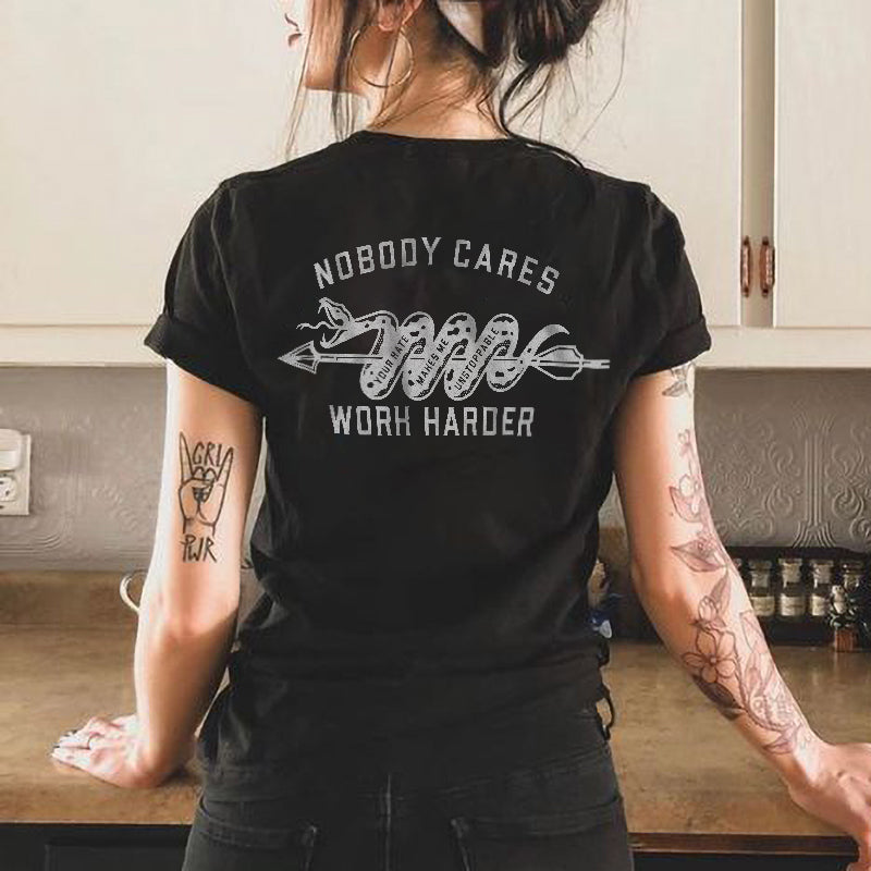 Minnieskull Nobody Cares Work Harder Snake Print T-Shirt - chicyea