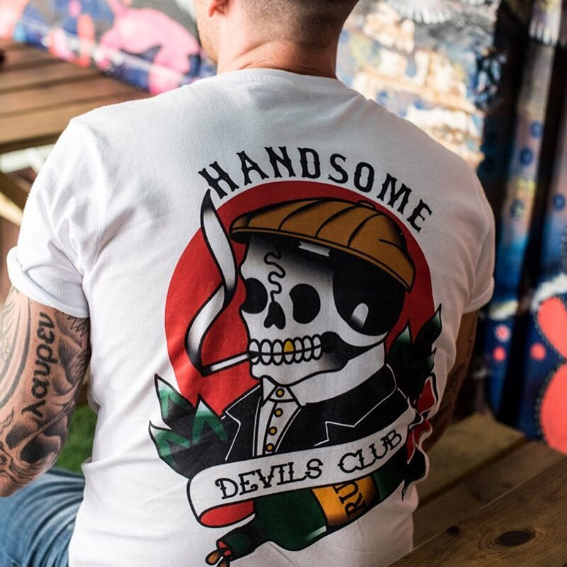 Uprandy Cool Devil Club Skull Print T-Shirt - chicyea