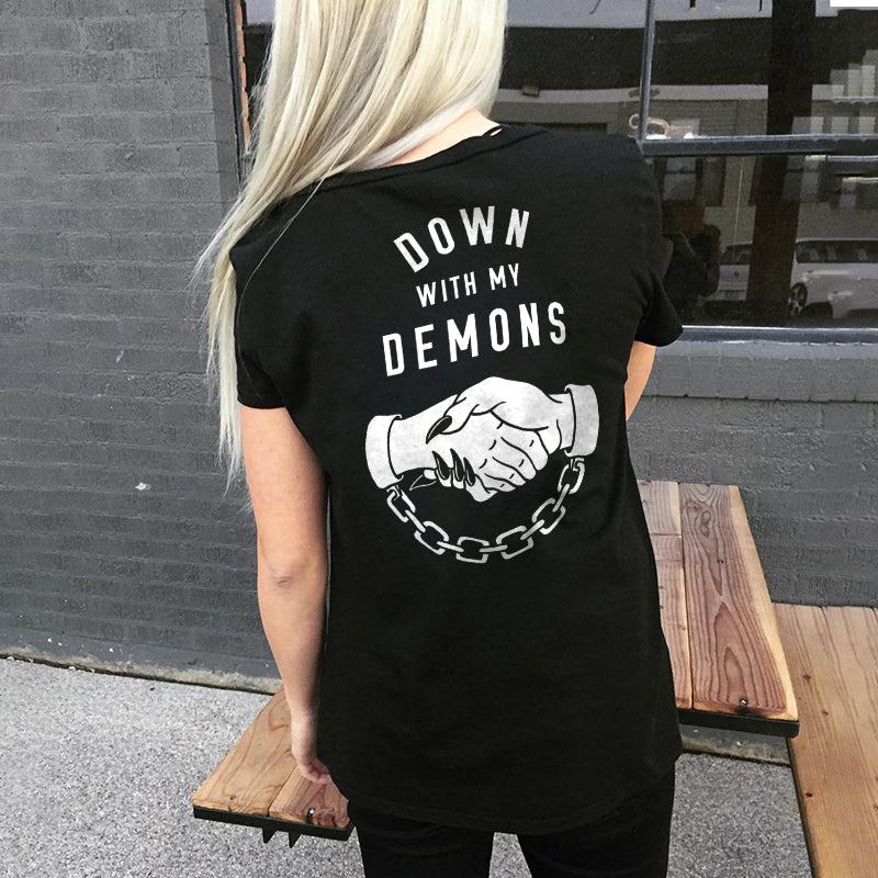 Minnieskull Down With My Demons Shakehand Printed Designer T-Shirt - chicyea